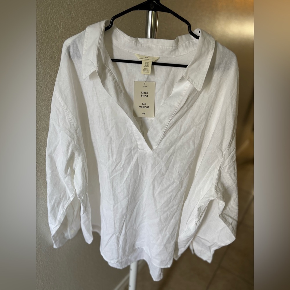 H&M White Linen Blend V-Neck Blouse